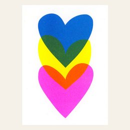 Colorful postcard with heart-shaped designs in various vibrant hues including blue, yellow, green, pink, and rainbow patterns.