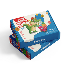  A colorful, educational shopping list toy with a variety of shapes, colors, and graphics on the box.