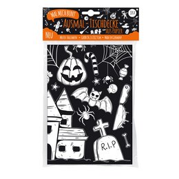 A black and white Halloween-themed tablecloth motif featuring pumpkins, ghosts, spiderwebs, and other spooky elements. Suitable for children's activities and decor.