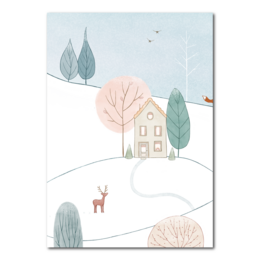 A winter landscape card featuring a cozy house, trees, and a deer in the snow.