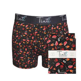  Black boxer shorts with a BBQ-themed print, including images of grilled meats, utensils, and other BBQ-related graphics. The boxer shorts are available in sizes M, L, XL, and XXL.