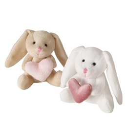 Plush rabbit toy, soft white and beige, long ears, pink heart, cute animal, small 10cm