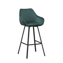 Swivel bar stool in dark green velvet with a modern, curved design and black metal legs.