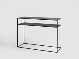A modern, minimalist console table with a metal frame in black, gold, or white color options. The table features a simple, rectangular design with two shelves for storage or display.