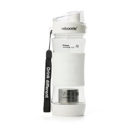 A sustainable, white drinking bottle with a tea strainer. The bottle is made of durable materials and features a sleek, minimalist design.