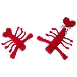 A red, plush toy in the shape of a lobster with a rope attached. The toy appears to be a dog toy or chew toy.