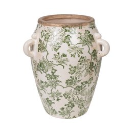  A wide, beige and green porcelain vase with 3 handles, measuring 23x23x27cm.
