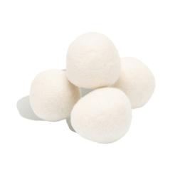 Soft, round, white wool dryer balls in a set of 4. Made from natural sheep wool, these eco-friendly dryer balls help soften clothes and reduce drying time.
