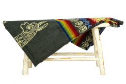 Soft, warm alpaca blanket with traditional Ecuadorian patterns and colors. Features llama and geometric designs in gray, orange, and red.
