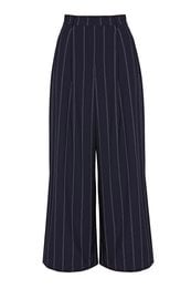 Wide-leg wool trousers in navy blue pinstripe, made in Italy. Features a high-waisted, pleated design for a flattering, relaxed fit.