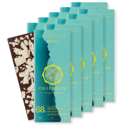 Organic chocolate bars with coconut, dark chocolate with coconut flavor, rectangular chocolate bars in teal packaging.