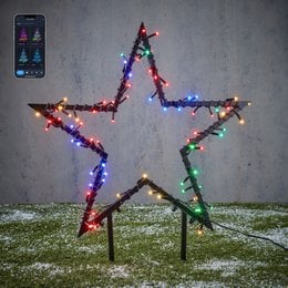 Large black star-shaped outdoor Christmas light decoration with 80 LED lights, RGB color changing, 73cm tall and 60cm wide.