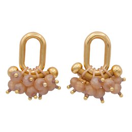  Elegant gold-tone statement earrings with a cluster of pink, brown, and gray beads.