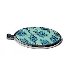 Peacock feather-patterned magnetic phone and key holder, suitable for purse, car, or home use.

The product is a designer magnetic phone and key holder featuring a vibrant peacock feather pattern. The round, compact design makes it convenient to attach to purses, cars, or home surfaces. The magnetic closure securely holds keys, phones, and other small items. The peacock feather motif adds a stylish, nature-inspired touch to this functional organizational accessory.