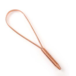  Copper tongue scraper with a curved, elongated shape for effective oral hygiene.