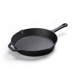 Two cast iron skillets, one 30 cm and one 25 cm in size, made of durable black cast iron material.
