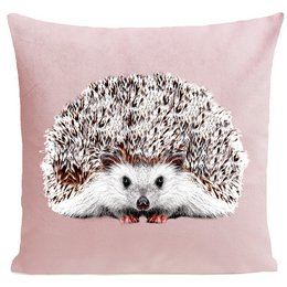 Soft, pastel-colored cushion with a cute hedgehog design, available in two sizes.