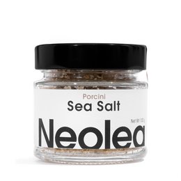 Neolea Sea Salt Porcini - NEW DESIGN. Glass jar containing coarse sea salt with porcini mushroom flavor. Suitable for seasoning various dishes.