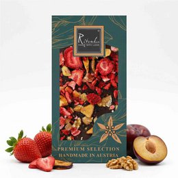 Premium dark chocolate bar with plum, strawberry, and walnut pieces. Handmade in Austria.