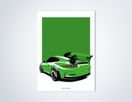 Vibrant red Porsche GT3RS sports car poster with a minimalist design, showcasing the vehicle's sleek and powerful silhouette.