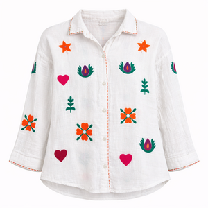 HS Blouse - White - Colorful Design - Handmade
