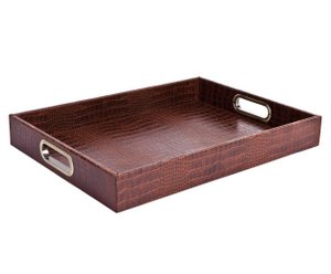 Tablett rechteckig mit Messinggriffen Kroko hellbraun