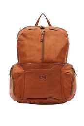 Cognac-colored leather backpack with multiple pockets and a sleek, minimalist design.
