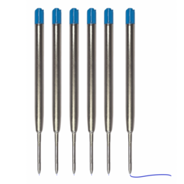 Two blue-tipped metal pen refills. Slim, cylindrical shape with a metallic finish.