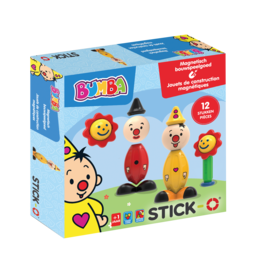 Colorful magnetic toy set with stick figures in various shapes and expressions, including a clown-like figure and a heart-shaped figure. The set is designed for young children to play with and explore.