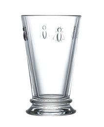 A set of 6 clear glass longdrink glasses, each with a simple bee design etched on the surface. The glasses have a classic, elegant shape and are suitable for a variety of beverages.