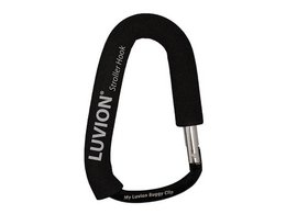 Black stroller hook for attaching bags and accessories to a stroller.