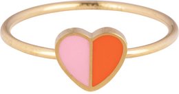 A gold-colored children's ring with a heart-shaped design in pink and orange colors. The ring is suitable for kids and can be ordered in sizes 13, 14, and 15.