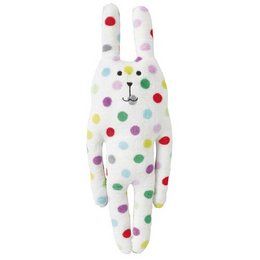 Soft, plush cuddle cushion in the shape of a rabbit, featuring a colorful polka dot pattern. Ideal for snuggling and comfort.