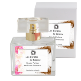 Oud rose perfume from Damascus, 50 ml bottle, floral and woody fragrance.