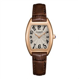 Rose gold-tone tonneau-shaped watch case with analog 2-hand movement, leather strap in brown.