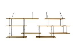 Modular oak and black shelving unit with multiple tiers and compartments for storage and display.