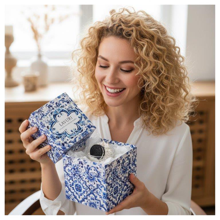 LAVURI Nòrio Dessert Candle CUP, cookie vanilla scent, black/white colored, handmade bio vegan soy wax - Duftkerze
