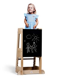 Black wooden learning tower with beech wood frame, suitable for babies and toddlers to explore and play safely.