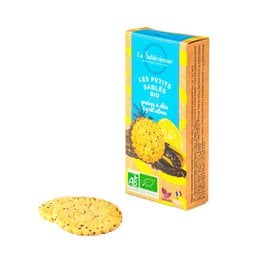 Organic and vegan lemon and chia seed shortbread cookies in a 37g cardboard box. Circular cookies with a light golden color and visible chia seeds.