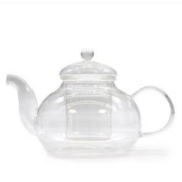  A round, clear glass teapot with a pearl-colored lid, designed for brewing loose leaf tea. The teapot has a capacity of 800ml.