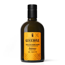 Premium extra virgin olive oil in a 500ml bottle with an orange label featuring a geometric pattern design.