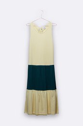 Sleeveless women's dress in light yellow and teal colors, with a tiered skirt design.