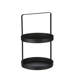 Black iron tiered tray with two round shelves for storage and display.