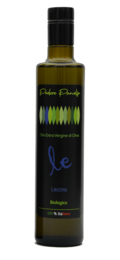 Leccino monovarietal organic extra virgin olive oil, available in 250ml, 500ml, and 3000ml sizes. Features a dark green bottle with a stylized tree design.
