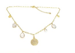 Delicate gold-toned necklace with freshwater pearls and coin-shaped charms, perfect for adding a touch of elegance to any outfit.
