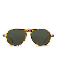  Tortoiseshell-patterned sunglasses with a classic aviator shape and dark green lenses.