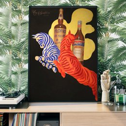 Vibrant poster featuring a zebra-patterned bottle and other liquor bottles against a dark background, suitable for home decor or a bar setting.