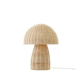 A natural-colored, dome-shaped table lamp made of woven rattan material, suitable for use in a child's bedroom or nursery as a night light.