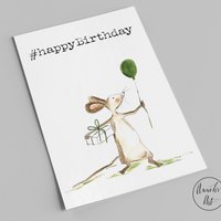 Postcard | birthday card | %23happybirthday | Mouse with gift and balloon
