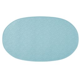 Soft, plush baby bath mat in a light blue color. Oval-shaped with a non-slip surface for safety.
